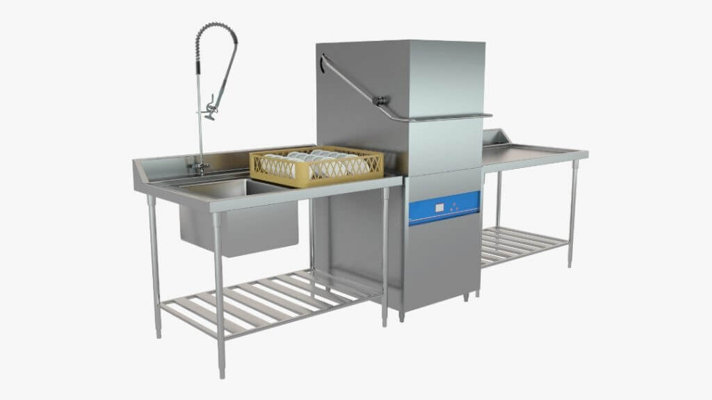 Hood type dishwasher with stainless steel inlet and outlet tables
